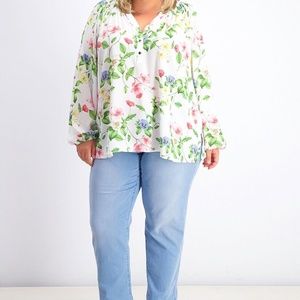 Charter Club Women's Floral Smocked Lightweight Split Neck Top, Plus Size 3X